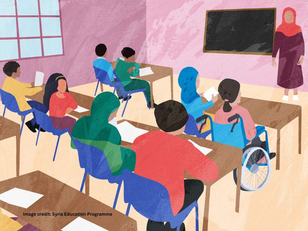 An illustrated image of children in a classroom in Northwest Syria. They are colourfully dressed and sit at desks facing a teacher who stands in front of a blackboard.